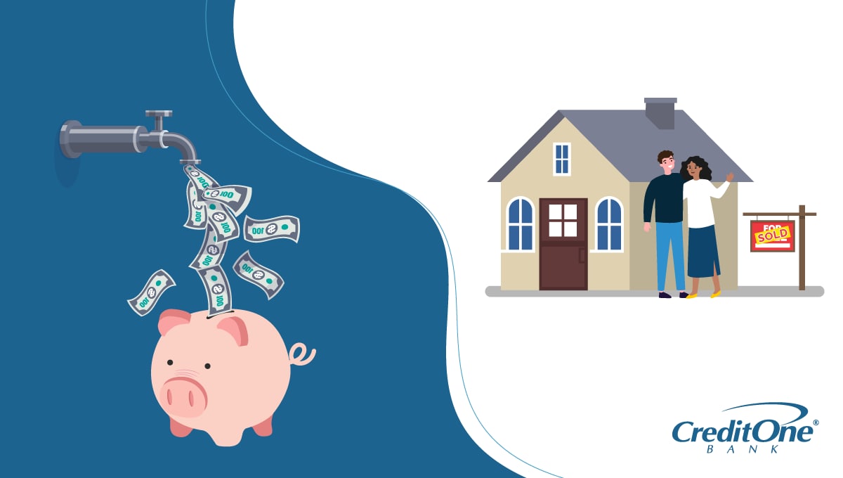 An illustration of a faucet pouring money into a piggybank and a couple buying a home