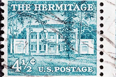 A postage stamp featuring The Hermitage, home of President Andrew Jackson