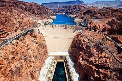 An aerial view of the Hoover Dam National Historic Landmark