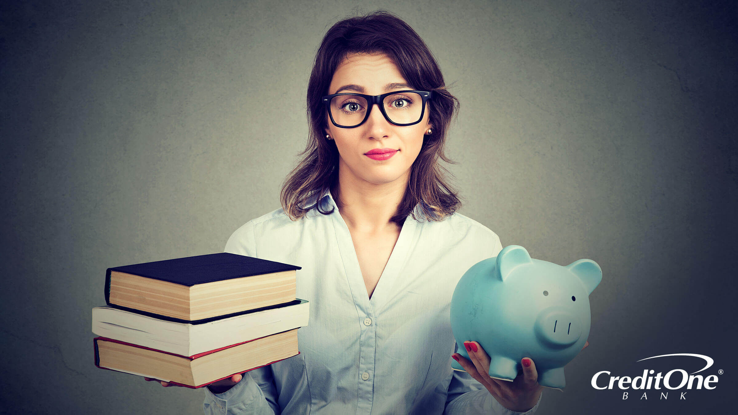 A woman holding a stack of books in one hand and a piggy bank in another, signifying paying for tuition.