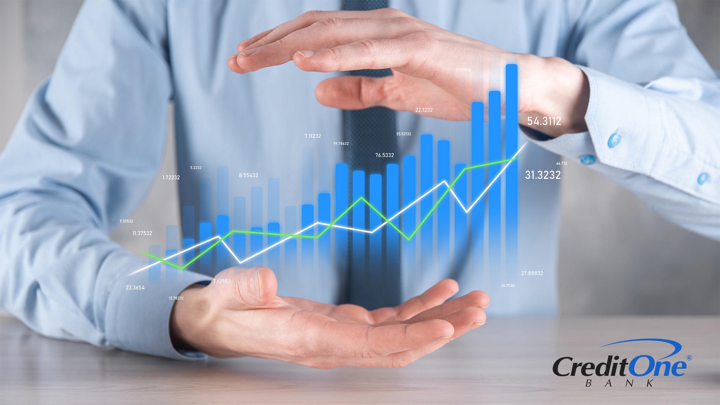 A businessman shows an investment growth chart representing High-Yield and Bump-Up CD profits