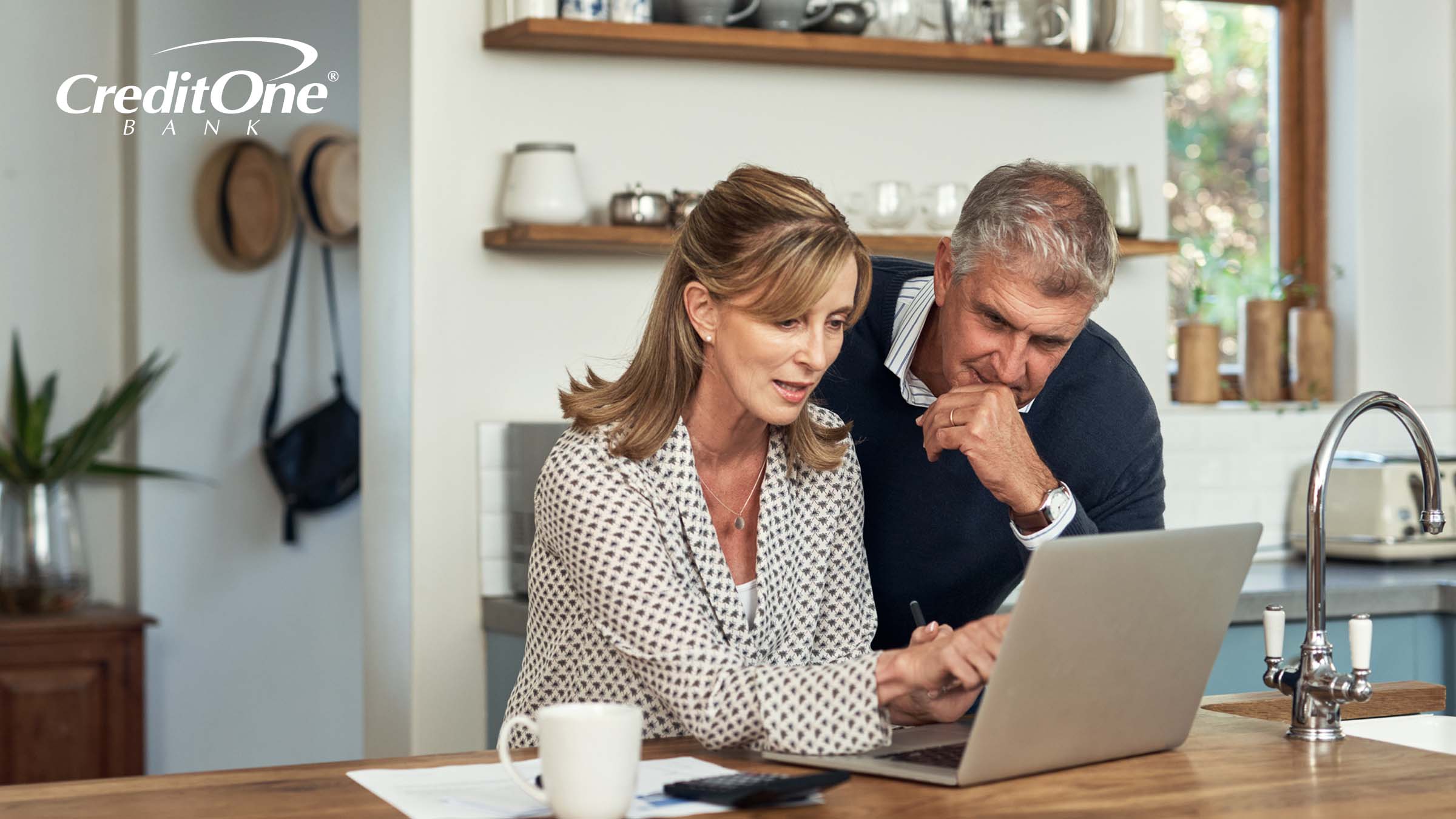 A senior, high-earning couple review their finances, including their retirement, on a laptop amidst concerns related to career volatility.