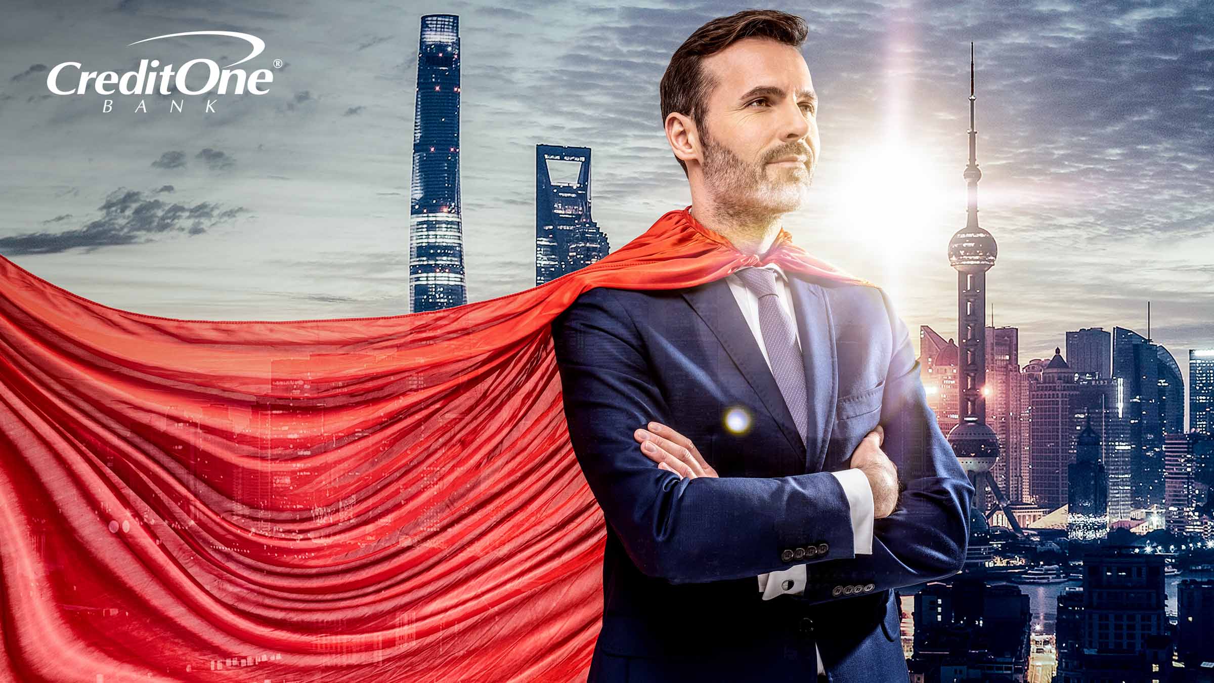 A business man with a superhero’s cape looks over the city as he considers his financial planning journey.