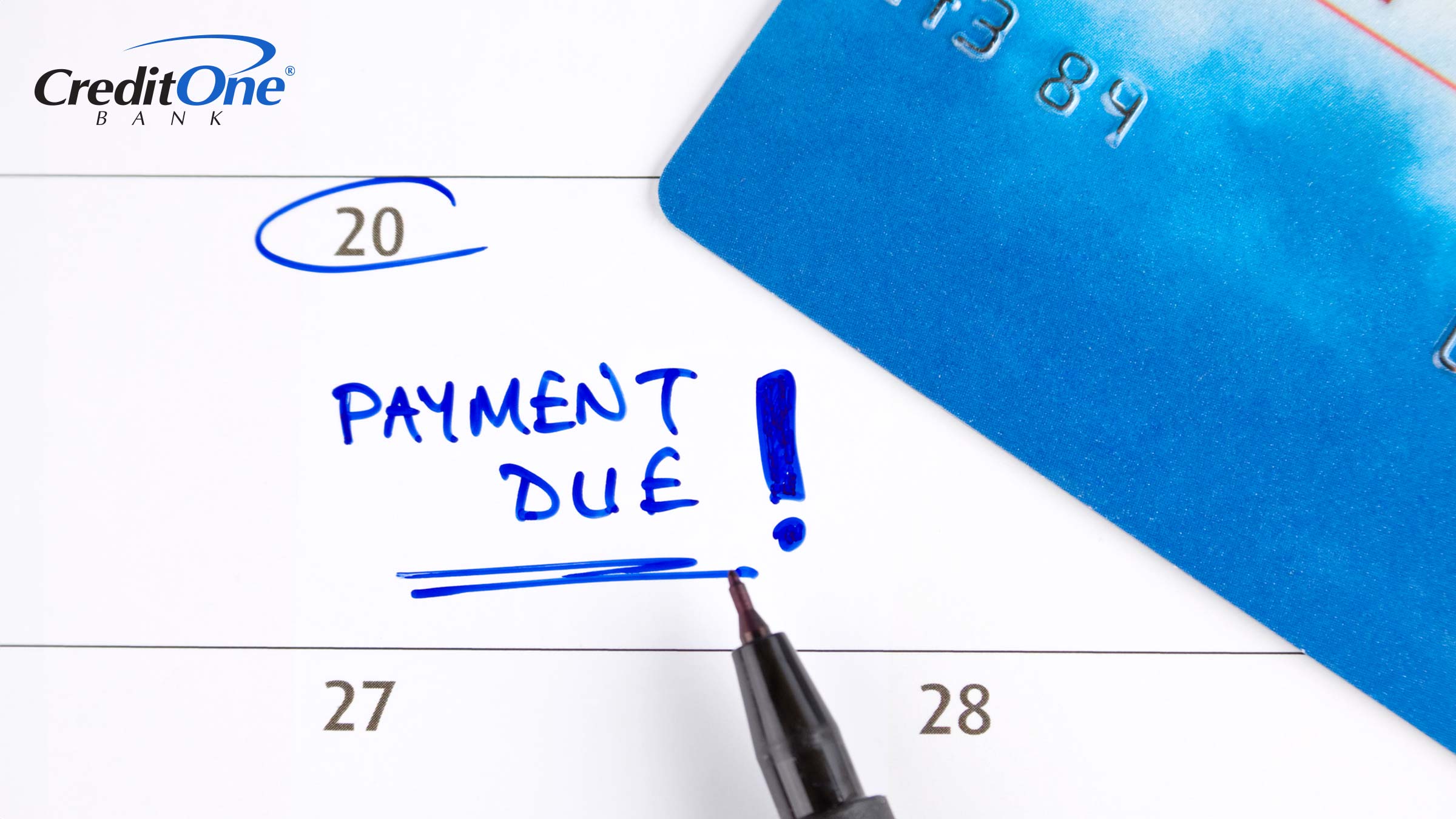 A credit card is shown on a calendar with a date circled and “Payment Due!” written down, showing that on-time payments have the biggest impact on credit scores.