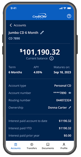 Credit One Bank Mobile app on a phone