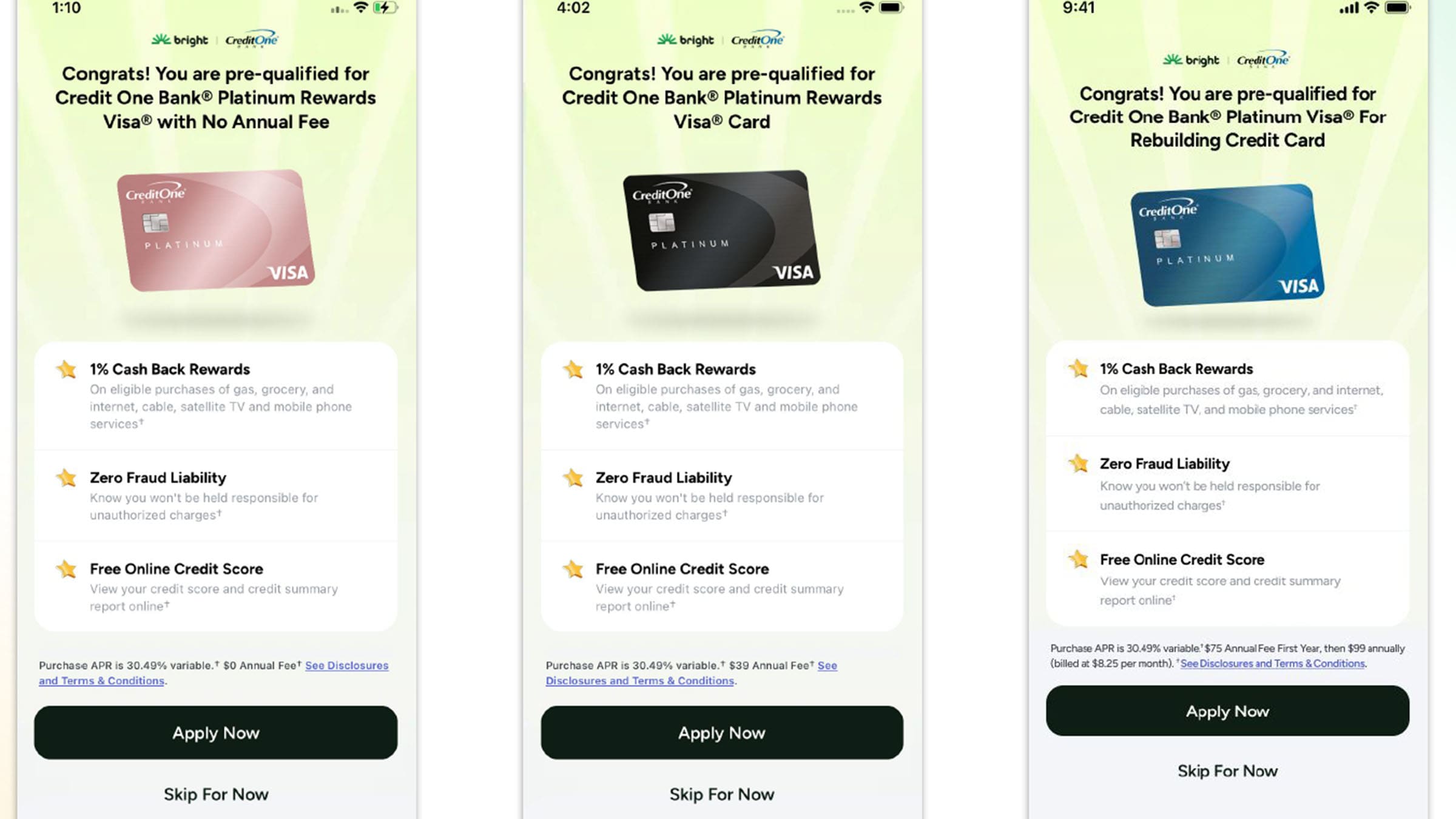 Credit One Bank credit cards offered on the Bright Money platform.