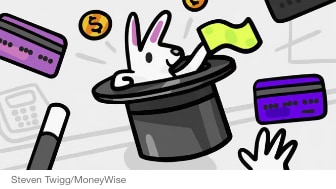 An illustration for cash-back credit cards shows a rabbit pulling money out of a hat