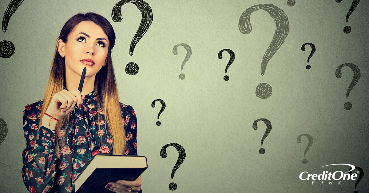 Woman confused about credit and surrounded by imaginary quotation marks Woman confused about credit and surrounded by imaginary quotation marks
