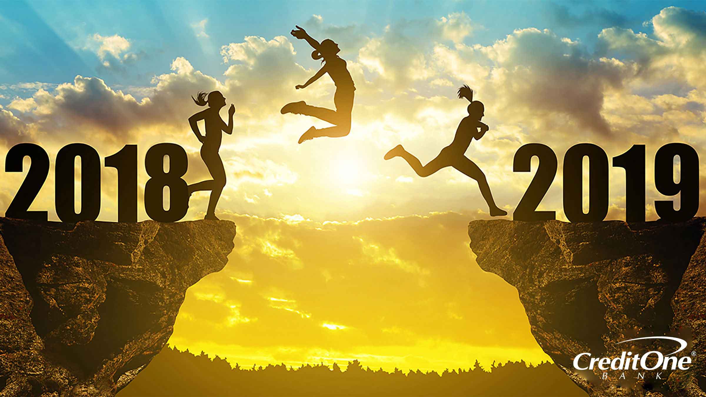 A silhouette of a woman making the jump from 2018 to 2019