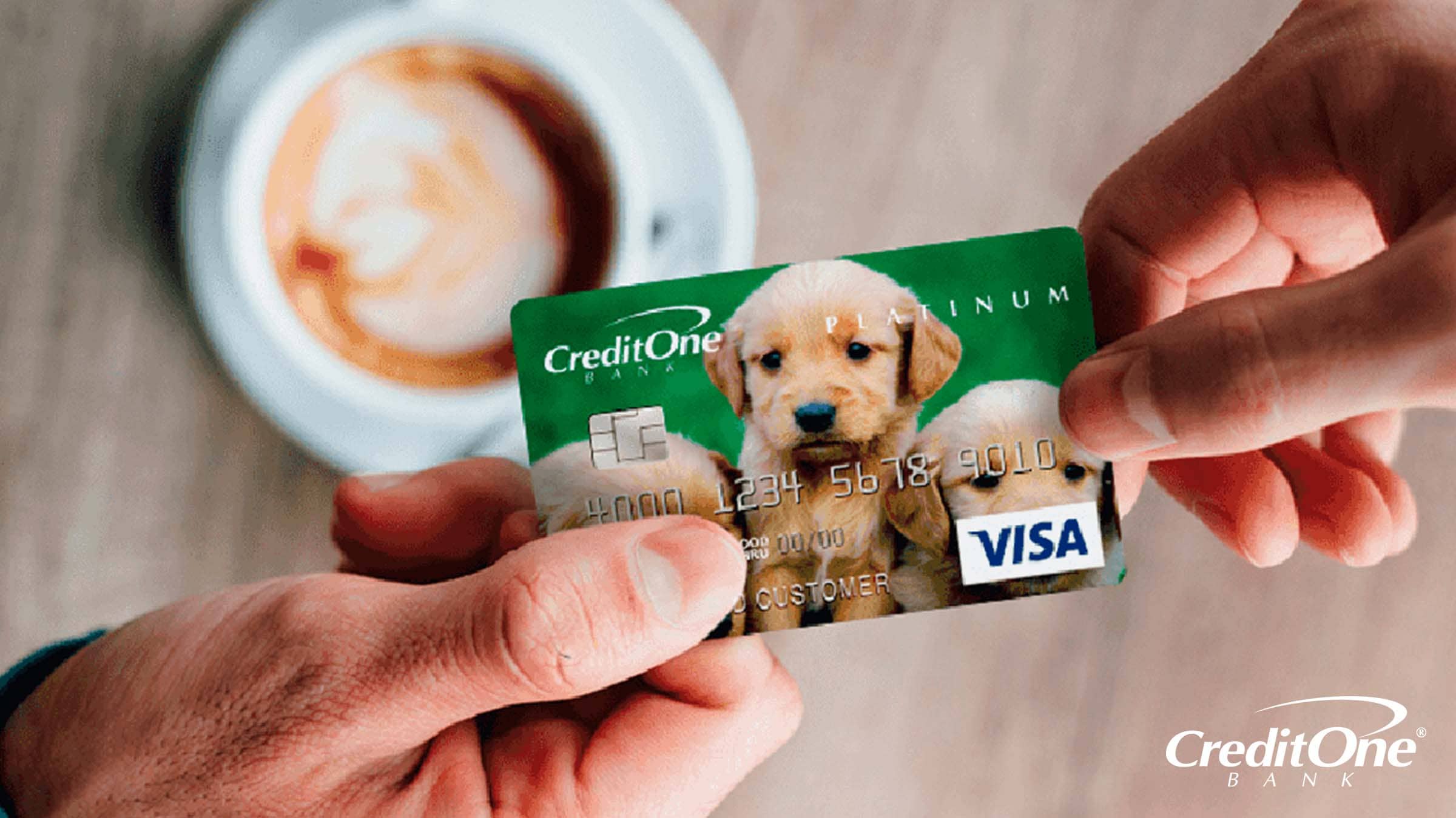 A payment transaction for a cup of coffee using a Credit One Bank credit card A payment transaction for a cup of coffee using a Credit One Bank credit card