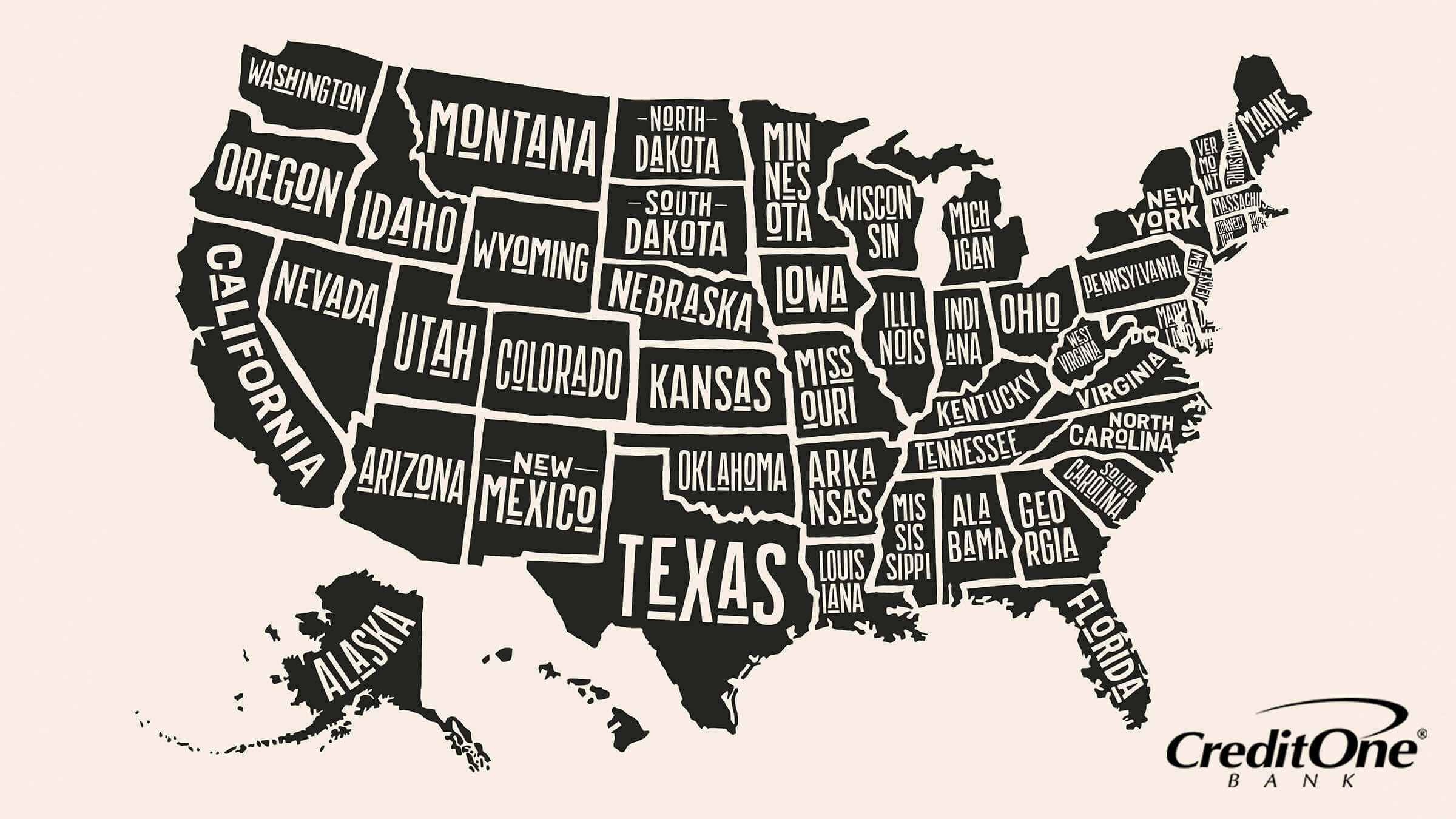A drawn map of the United States with each state labeled.
