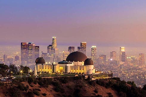 Griffith Park and Observatory overlooking the Los Angeles skyline