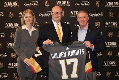 From L to R: Laura Faulkner, Credit One Bank Vice President of Marketing Communications, John Coombe, Credit One Bank Senior Vice President of Marketing Communications and Kerry Bubolz Vegas Golden Knights Team President pose with Vegas Golden Knights jersey.