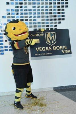 Golden Knights mascot chance with a giant Vegas Born credit card from Credit One Bank, Official Credit Card of the Vegas Golden Knights